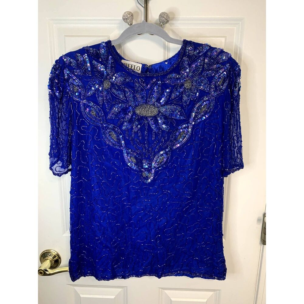 Sweelo Vintage Beaded Silk Blue Floral Blouse Top (Small)